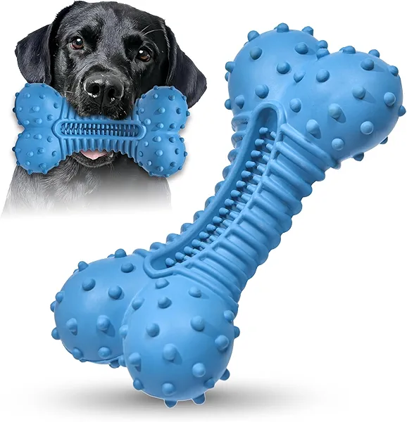 Ouilter Dog Toys for Aggressive Chewers, Chew Toys for Medium Large Dogs, Durable Natural Rubber Toys with Bacon Flavor, Indestructible Dog Toy,Blue