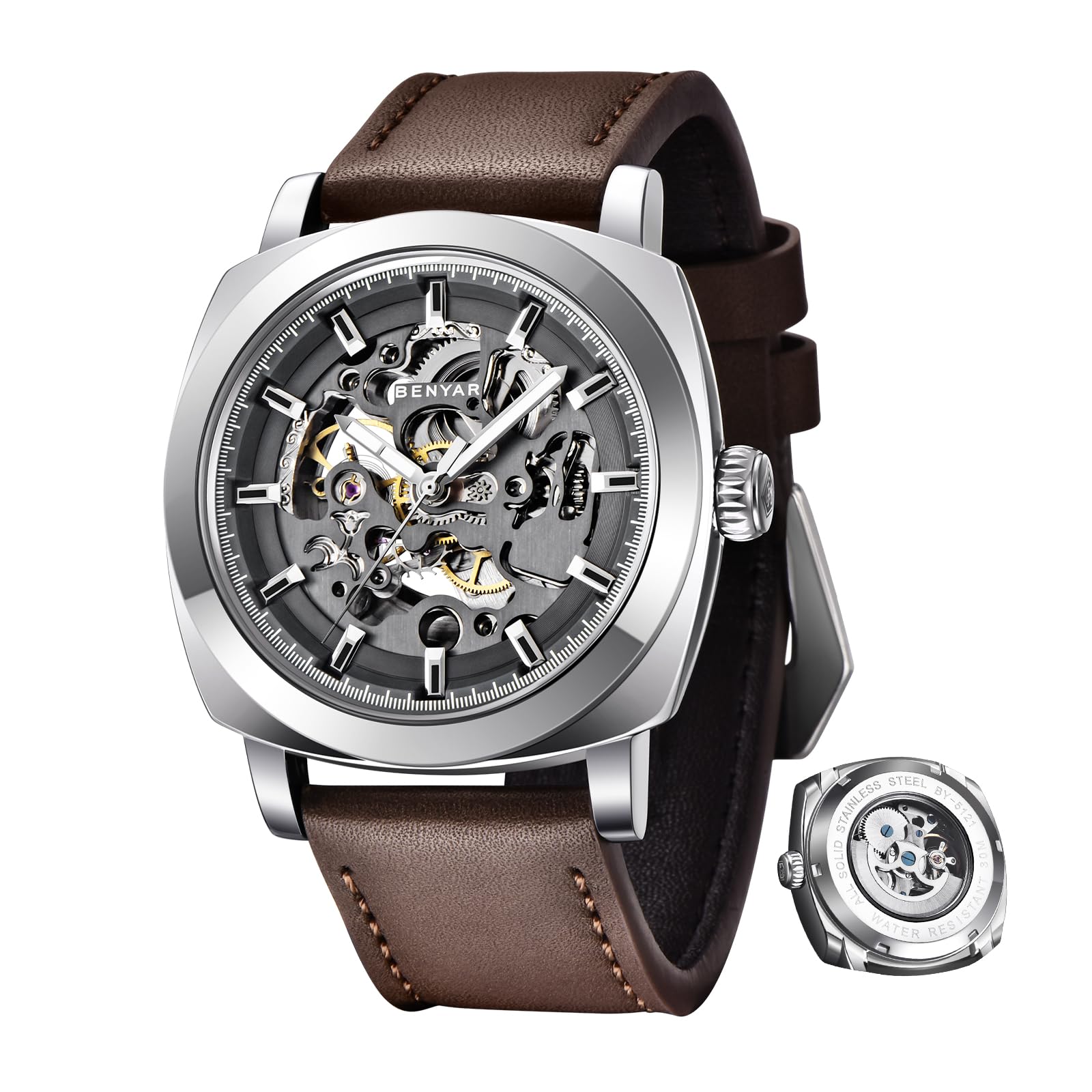 BENYAR - Reloj mecánico automático para Hombre, Correa de Piel, Movimiento Dorado, Esfera Esqueleto de 45 mm, Resistente al Agua y a los arañazos, Regalo Elegante para Hombre