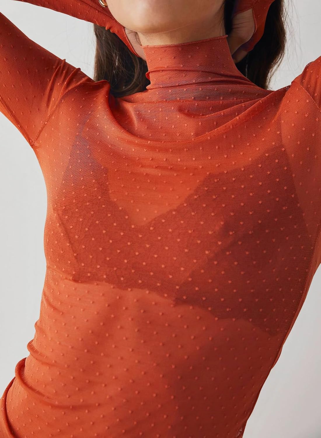 Womens Mesh Sheer Lace Laying Top Mock Neck Long Sleeve Polka Dot See Through Shirt Blouses Tops - Image 6