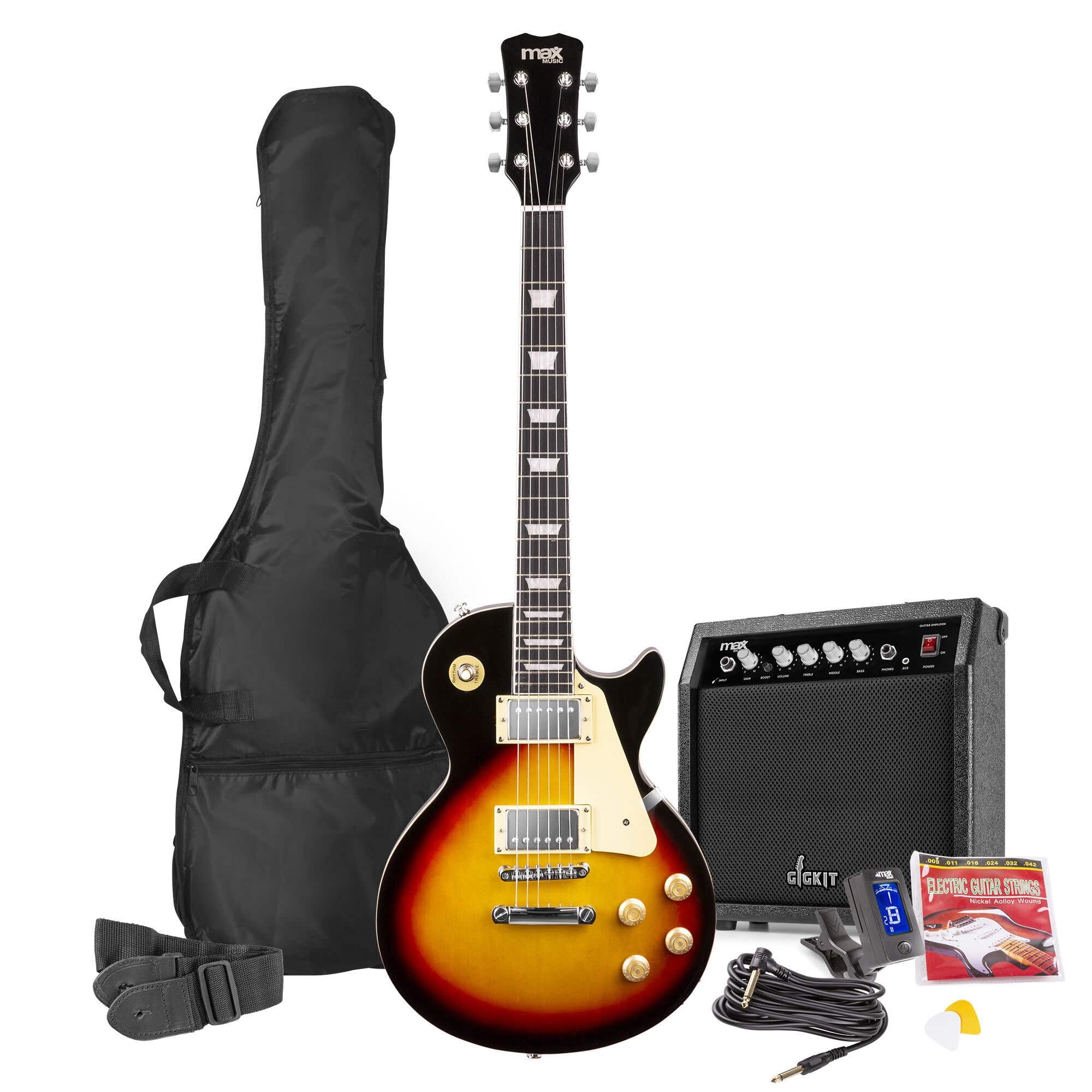 Max Pack Guitare Électrique GigKit Vintage Rock, Style SC, Ampli 40 Watts, Accessoires, Housse, Accordeur, Cordes de rechange, Sangle, Câble 3m et Médiators, Kit Complet Débutant - Sunburst