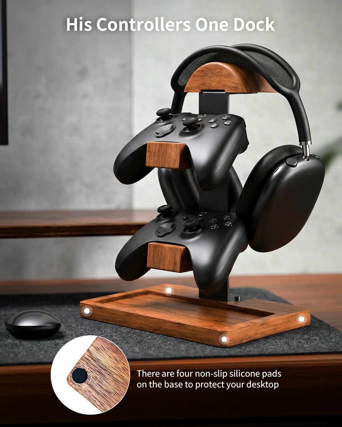 Headset Stand with Controller Holder, 3-in-1 Solid Walnut Wood Gaming Desk Organizer, Compatible with PS5/Xbox Controllers, Display Mount for AirPods Max, Bose, Sennheiser, Gift for Gamers