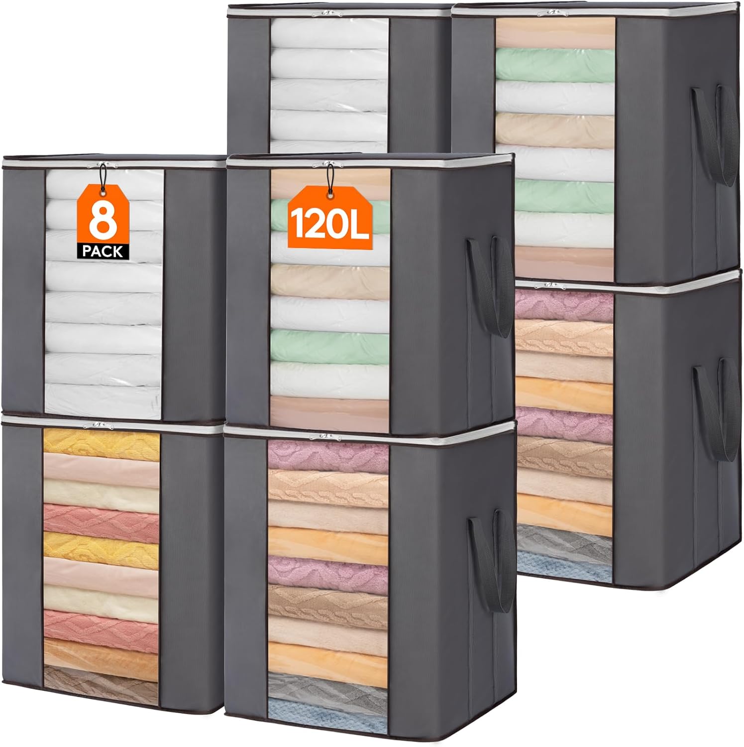 Lifewit 120L Extra Large Blanket Storage Bags, Foldable Comforter Storage with Reinforced Handles, Clothes Storage Containers for King Comforter, Bedding, Pillow, Sheet, Storage Bin with Lids 8 Pack