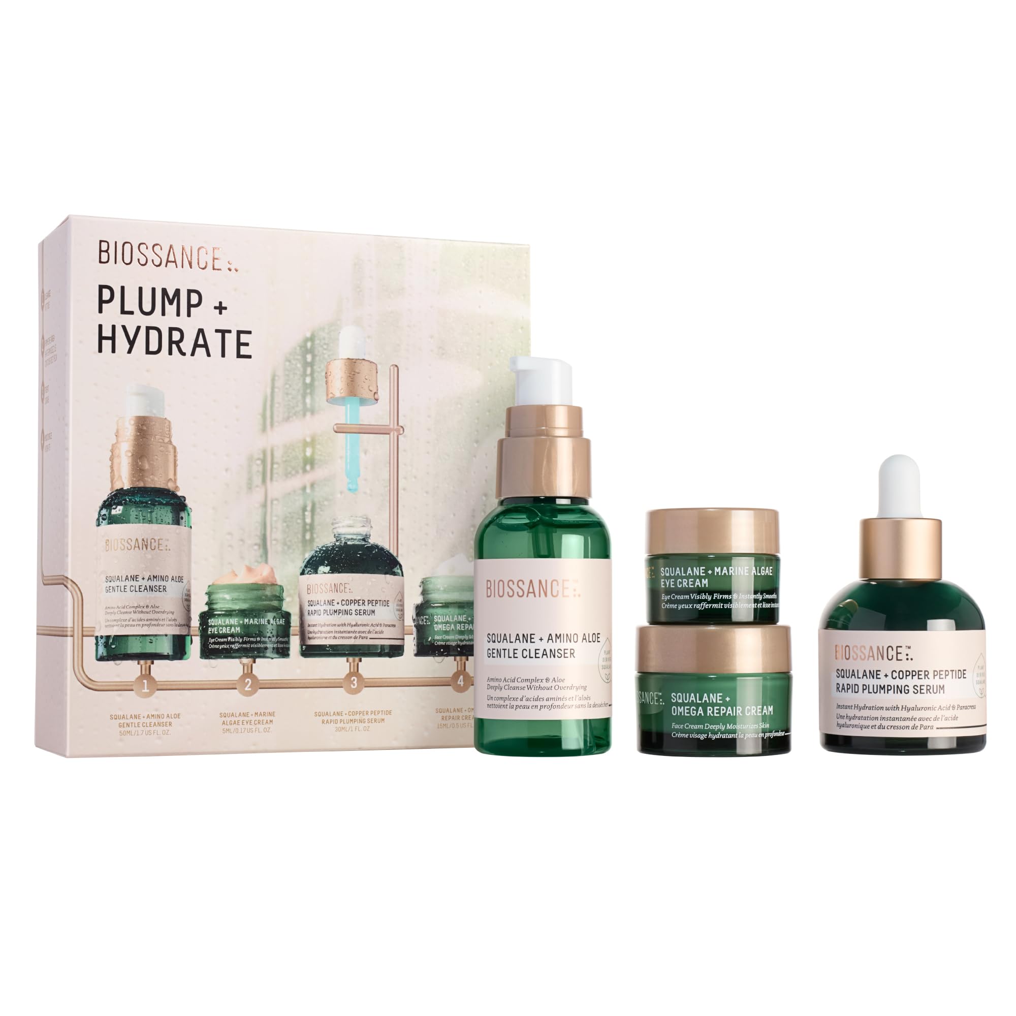 Plump and Hydrate Skincare Set - Amino Aloe Gentle Foaming Cleanser, Marine Algae Eye Cream, Copper Peptide Rapid Plumping Serum & Omega Moisturizer For Face Lock In Hydration For Your Skin