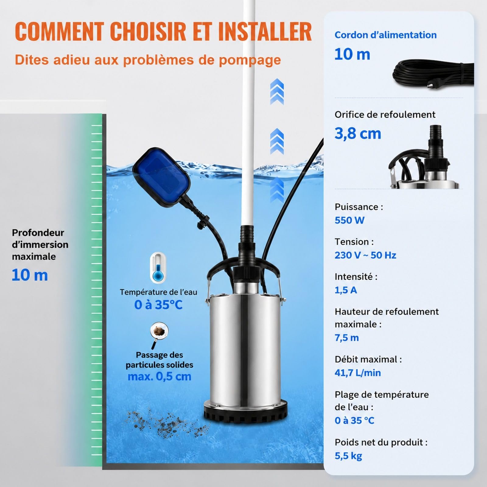 Pompe submersible pour eaux chargées 230 V 550 W 9500 L/h pour piscine, cave et étang