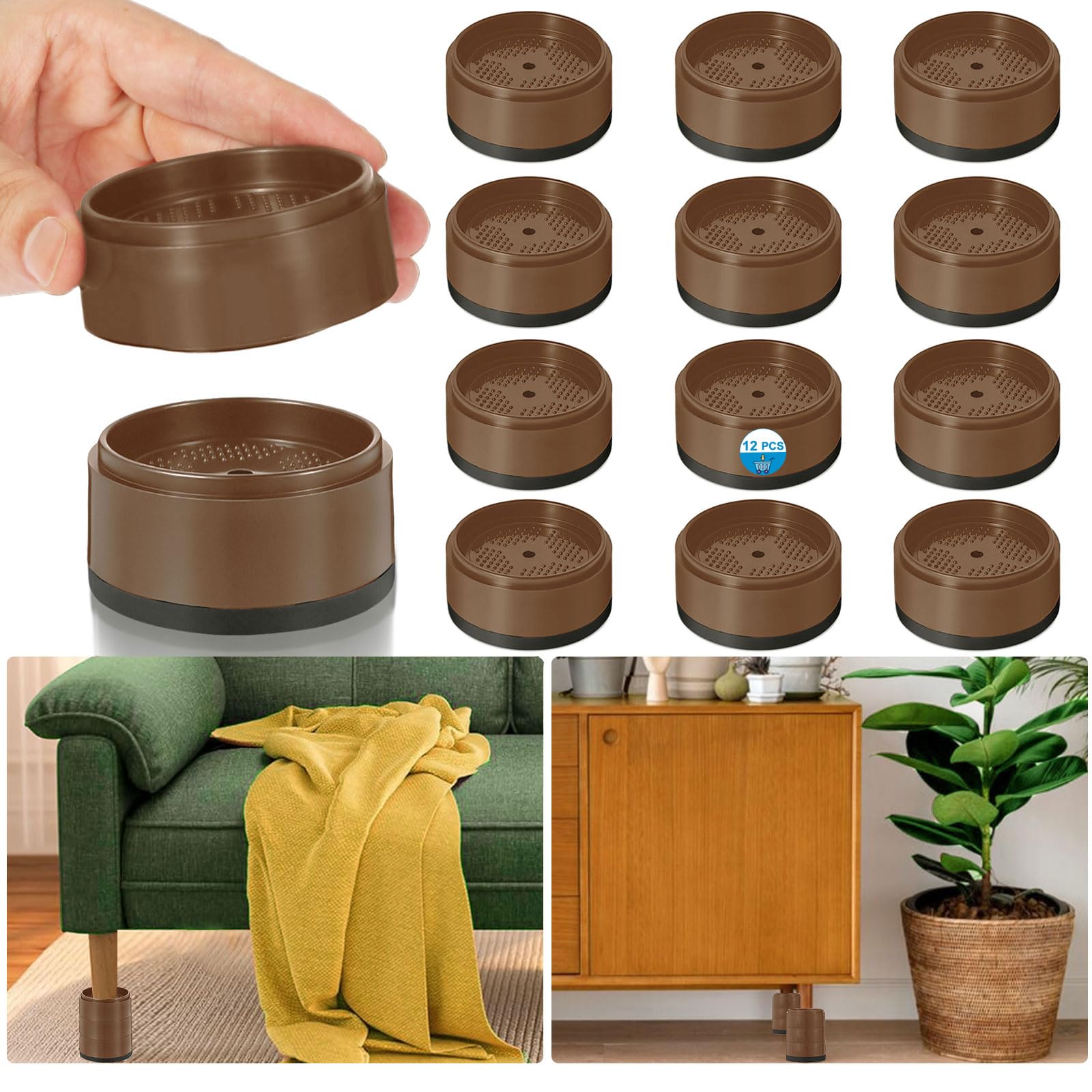 Elevadores de cama de 1, 2, 3 y 4 pulgadas, resistentes, ajustables para mesa, escritorio, sofá, silla, refrigerador, lavadora, bloques apilables (marrón, paquete de 4, 1+1+1 pulgadas)