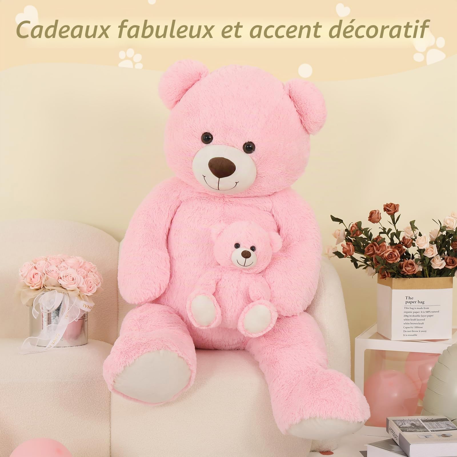 MorisMos XXL 130cm Ours en Peluche Geant, Rose Nounours Géante Mom avec Petit Bébé, Mignonne Douce Grosse Peluche, Grand Teddy Bear Cadeau pour Enfants Anniversaire Noël Deco