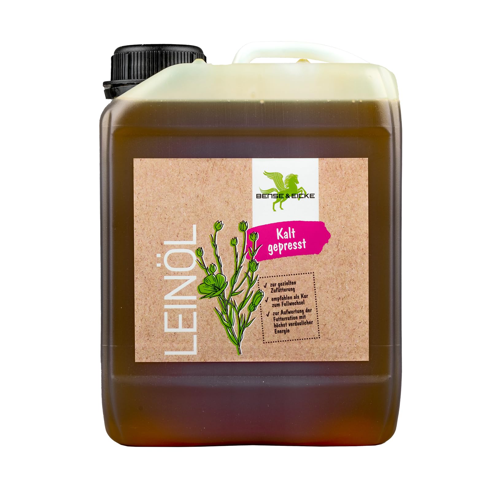 Bense & Eicke Aceite de linaza prensado en frío, 2500 ml, aceite de alimentación para caballos, rico en ácidos grasos omega-3, aceite de linaza 100% puro, fabricado en Alemania