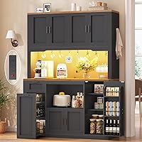 Itaar 71" Tall Pantry Cabinet with Charging Station, LED Lights & 3-Tier Rolling Cart - Microwave Stand Kitchen Storage for Pantry & Dining Room, Black