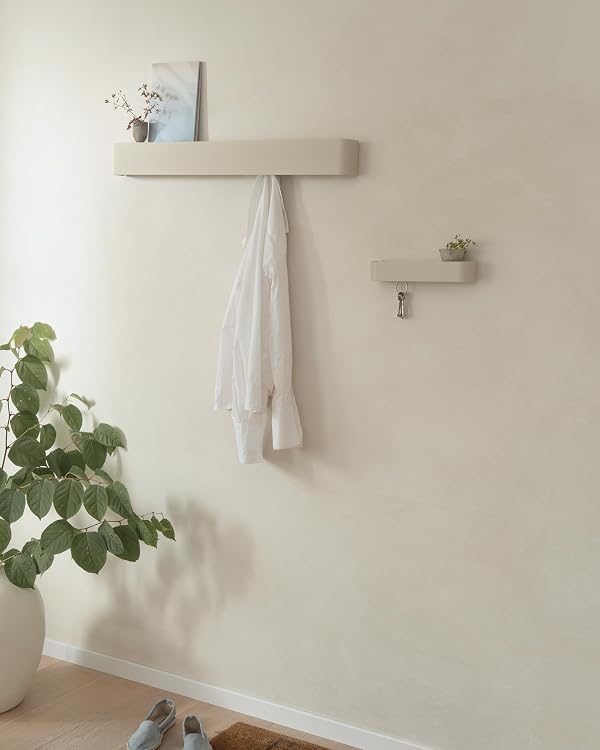 Kazai. Coat Rack Wall Mount with Shelf 'Tone' | Modern Design Coat Hanger with Hidden Hooks and Storage | Hat Rack with Shelf in Metal | Wall-Mounted Purse Organizer | Sand Taupe by Kazai. - Used condition - Image 4