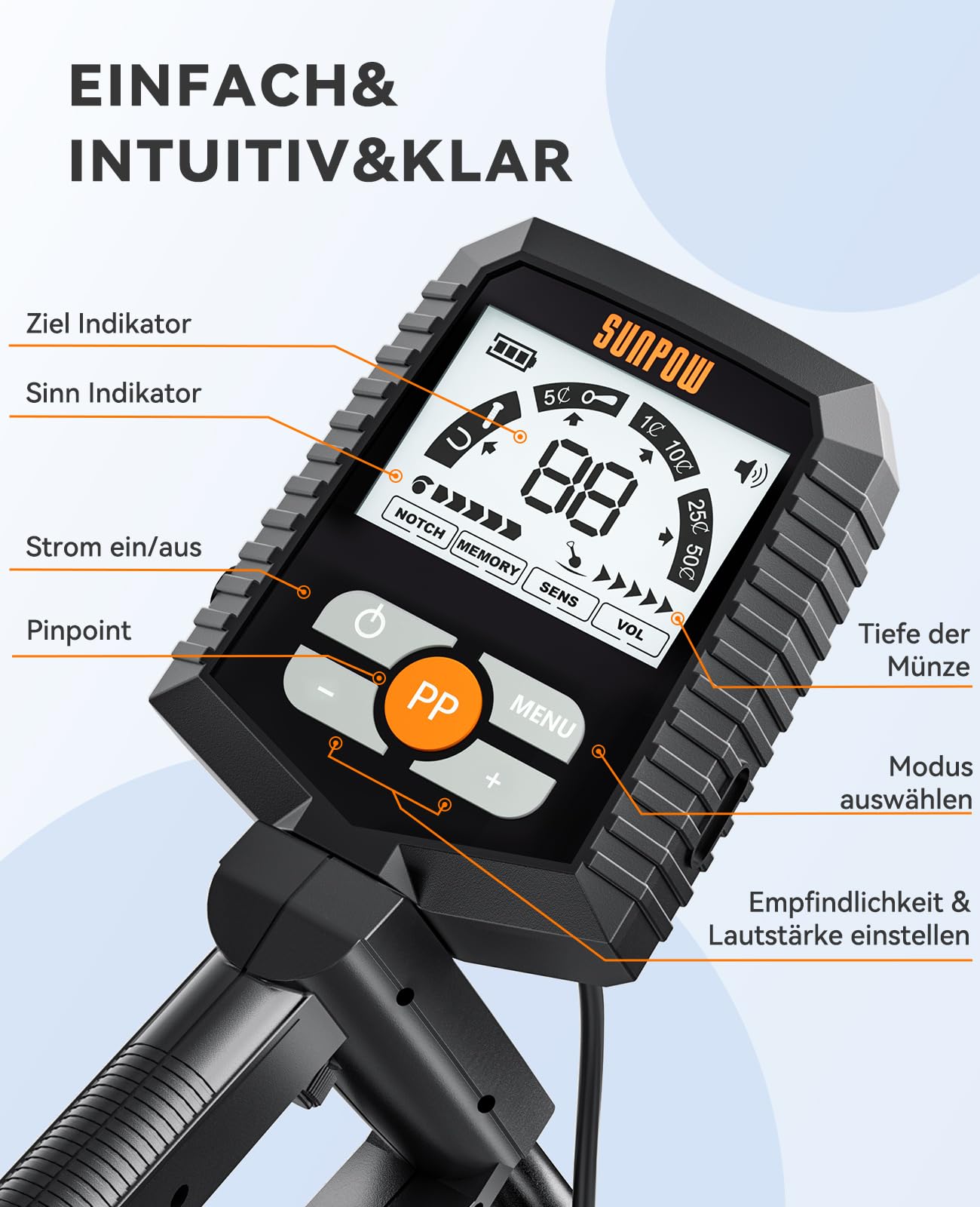 SUNPOW Détecteur de Métaux Étanche pour Adultes et Enfants, Grand Écran LCD, Détection Fiable Anti-Interférence, 4 Modes, Bobine de Recherche IP68