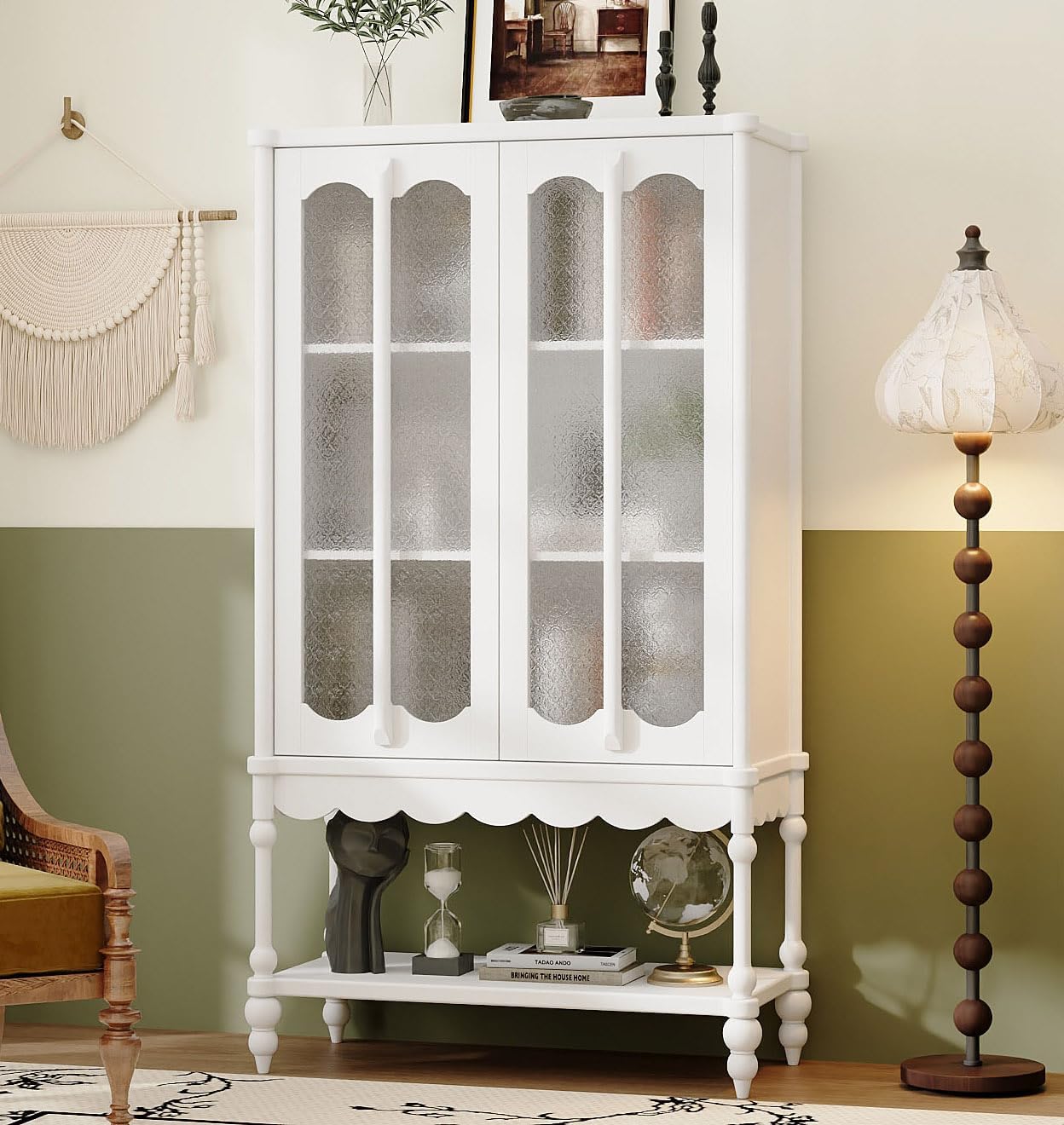 Cupboard, Modern Kitchen Pantry Storage Cabinet, White Modern Food Pantry Cabinet with 4 Shelves, Wooden Legs and Patterned Glass for Living Room, Dining Room(15.7" D x 34.8" W x 62.2" H)