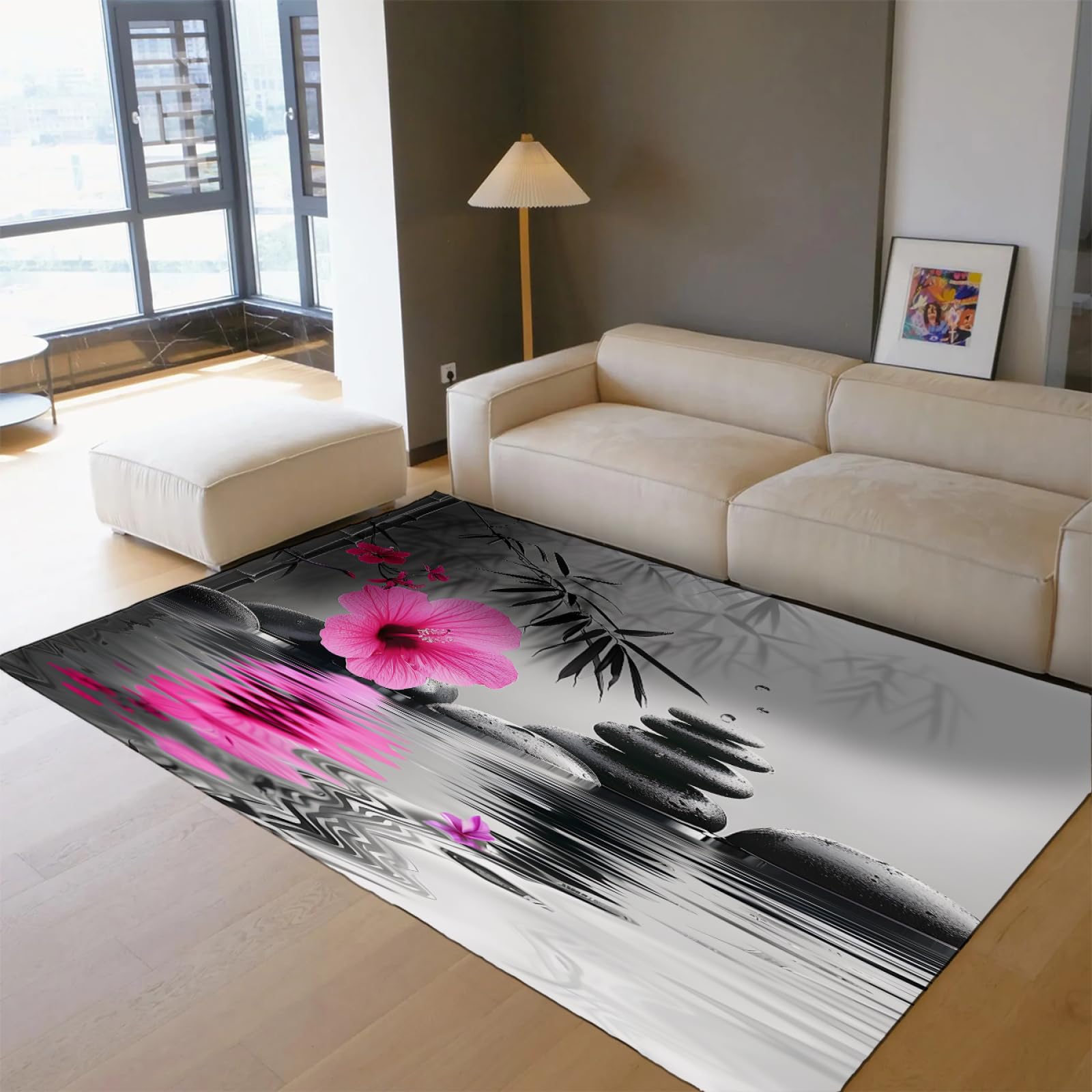 Czerwone kwiaty dywanik czarny kamień zen dywan wewnątrz mata podłogowa cienkie dywany do salonu sypialni spa wanna dywanik antypoślizgowy spód 150 x 240 cm