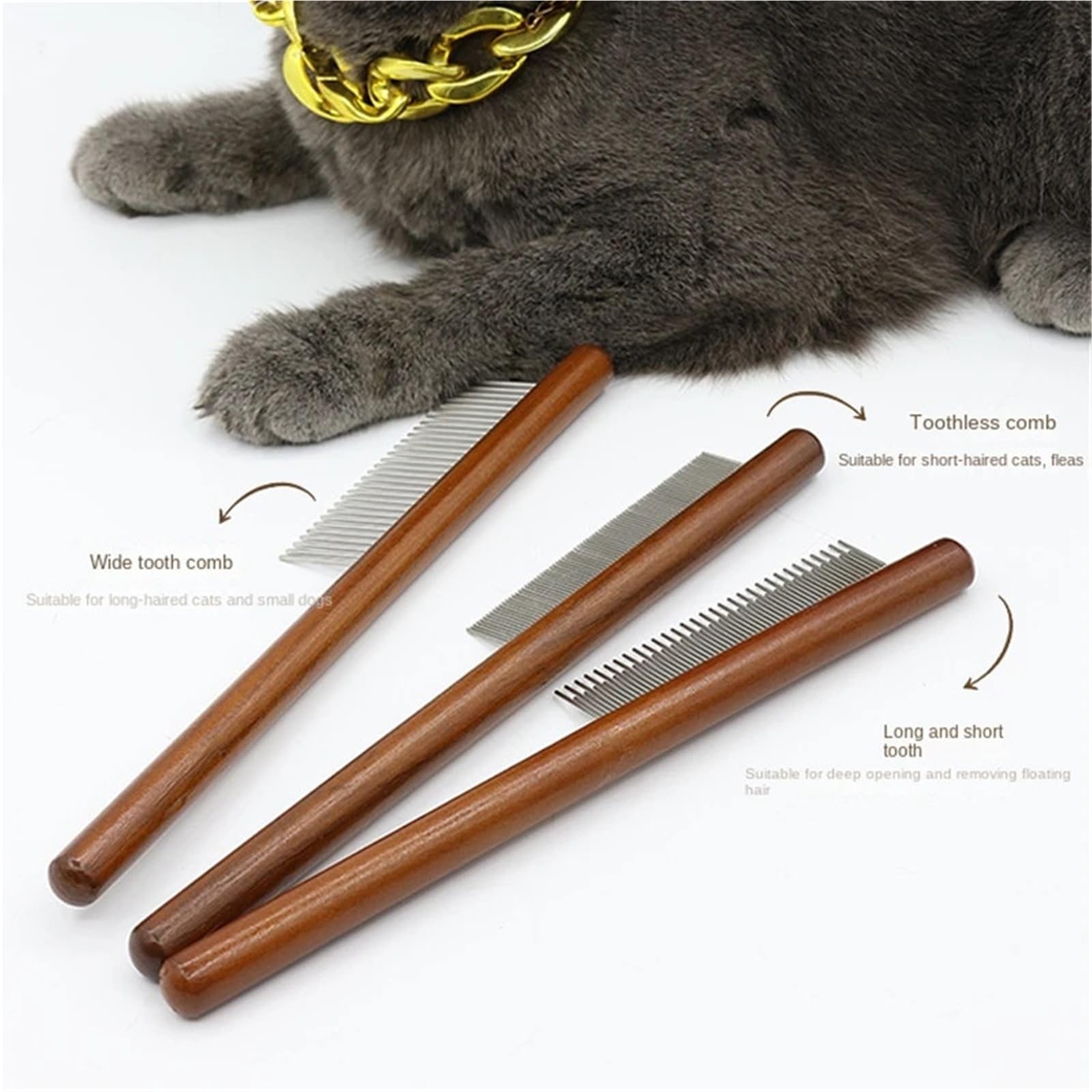 Hundekamm Katze Kamm Edelstahl Tierhaarentferner Holzgriff Solide Pflege Reinigungswerkzeug Flöhe Zecken Entfernungswerkzeuge zum Entwirren(Color3)