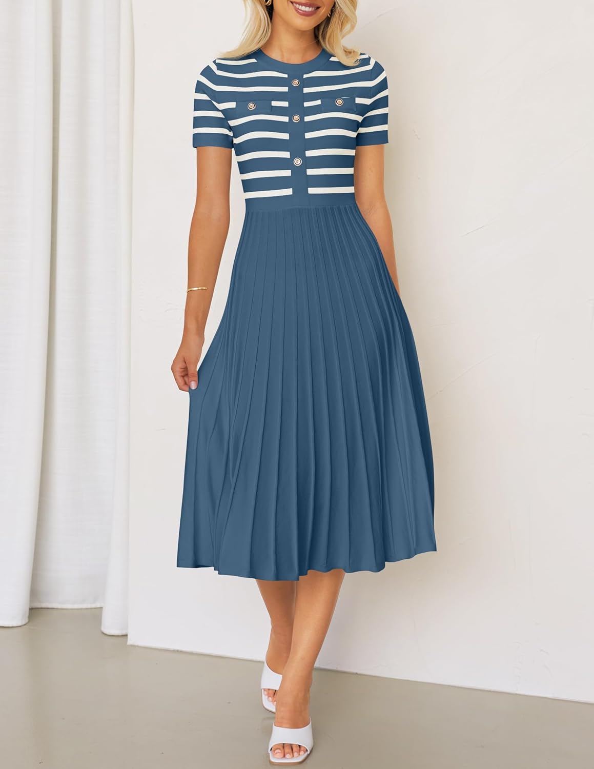 ZESICA Women's 2026 Casual Striped Midi Dress Crewneck Short Sleeve Button Ribbed Knit Swing Pleated A Line Dresses - Image 9