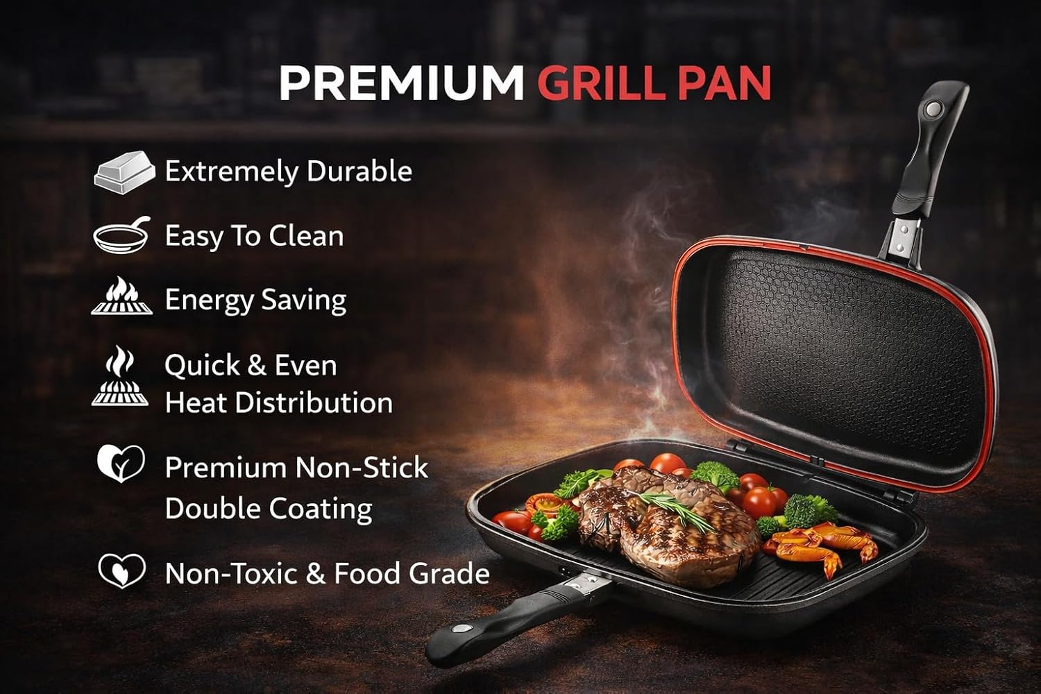 B Unique 32cm Double Sided Nonstick Grill Pan with Locking Lid, Flip Grill Pan for Stovetop, Leak-Proof Seal, Even Heat Cooking, Indoor Grill Pan for Steak, Panini, Sandwich & Vegetables