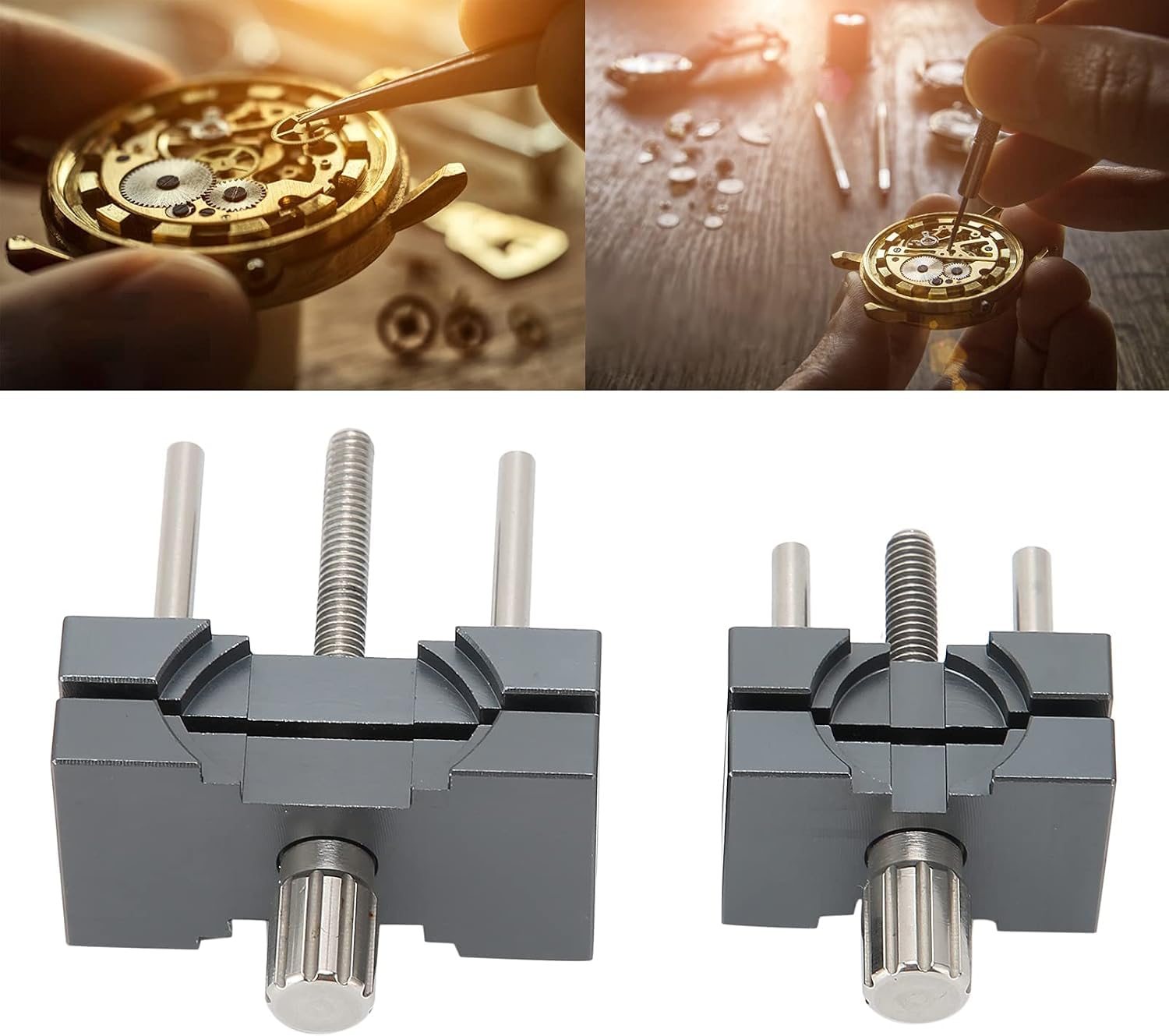 Zestaw 2 regulowanych aluminiowych uchwytów mechanizmu zegarka | Dwa stabilne szare imadła mocują zgodne mechanizmy podczas montażu, czyszczenia, regulacji i precyzyjnego serwisu.