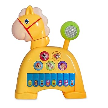 VGRASSP Educational 3 in 1 Horse Face Piano Toy for Kids - Multi-Modes 8 Keys Musical Instrument Toy with Flashing Light, Animal Sounds, Moving Tail and Spinning Wheel - Color As Per Stock - image, photos