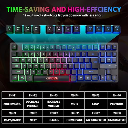 Miniatura 7 de CHONCHOW Teclado LED inalámbrico, teclado recargable con retroiluminación LED RGB de 87 teclas, teclado iluminado para juegos para PC, PS4, PS5,