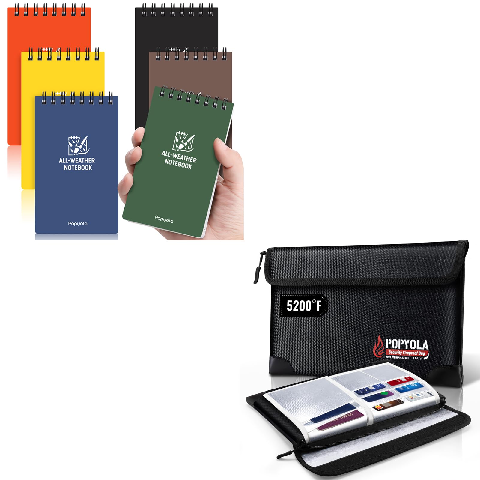 POPYOLA 6 Pack Waterproof Pocket Notebook & 5200°F Fireproof Document Bag 12”X 8.3”