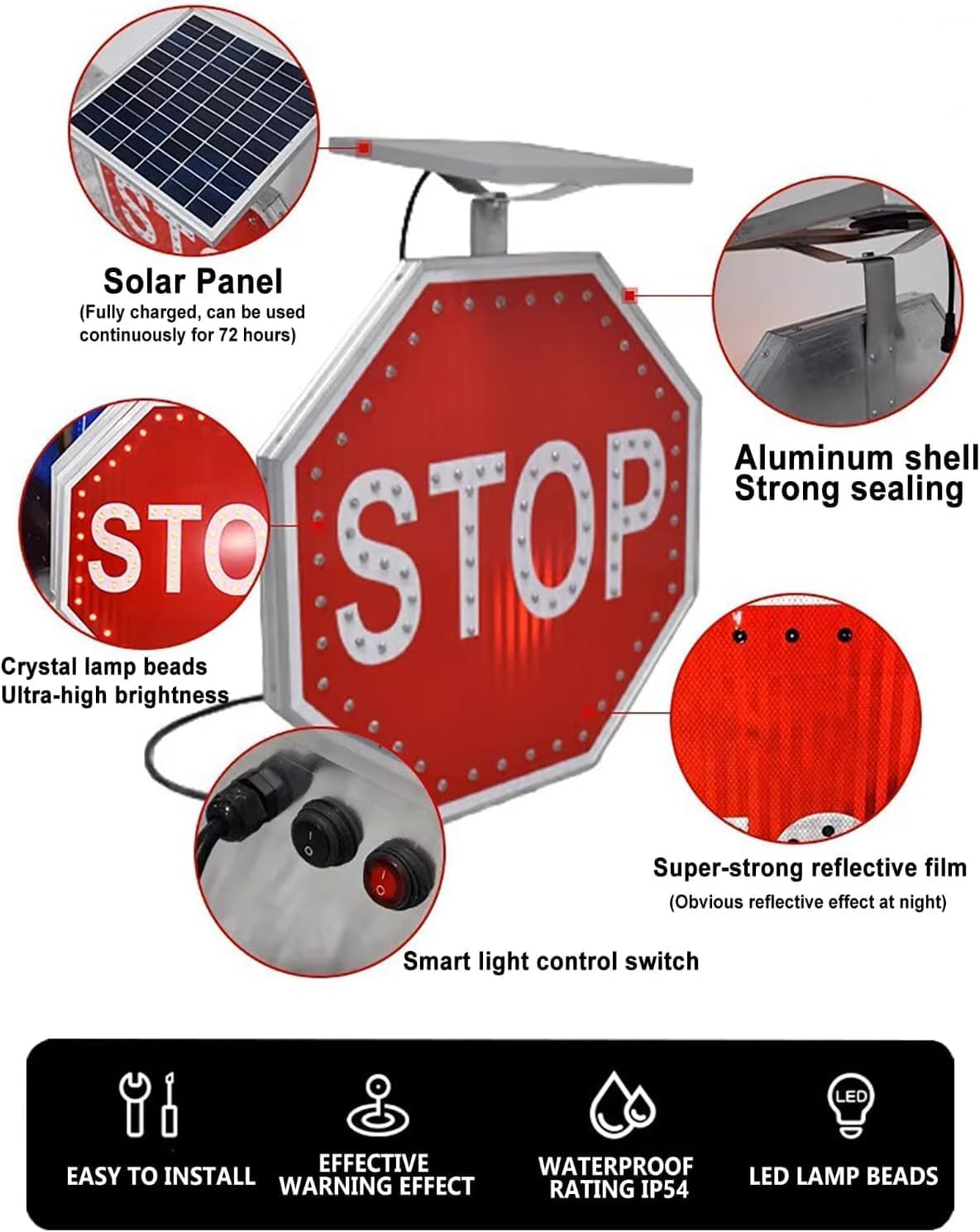 24"/30" Solar Powered Stop Sign with LED Lights, Flashing Stop Sign, Aluminum Traffic Signs for Road Parking Lot Construction, Durable Waterproof with Reflective Film, Road Signs (