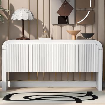 Virubi 63 in Fluted Sideboard Buffet Cabinet with Storage,Doors and Adjustable Shelves, Wood Curved Console Table with Storage,Modern Accent Cabinet for Living Room,Hallway, EntrywayWhite