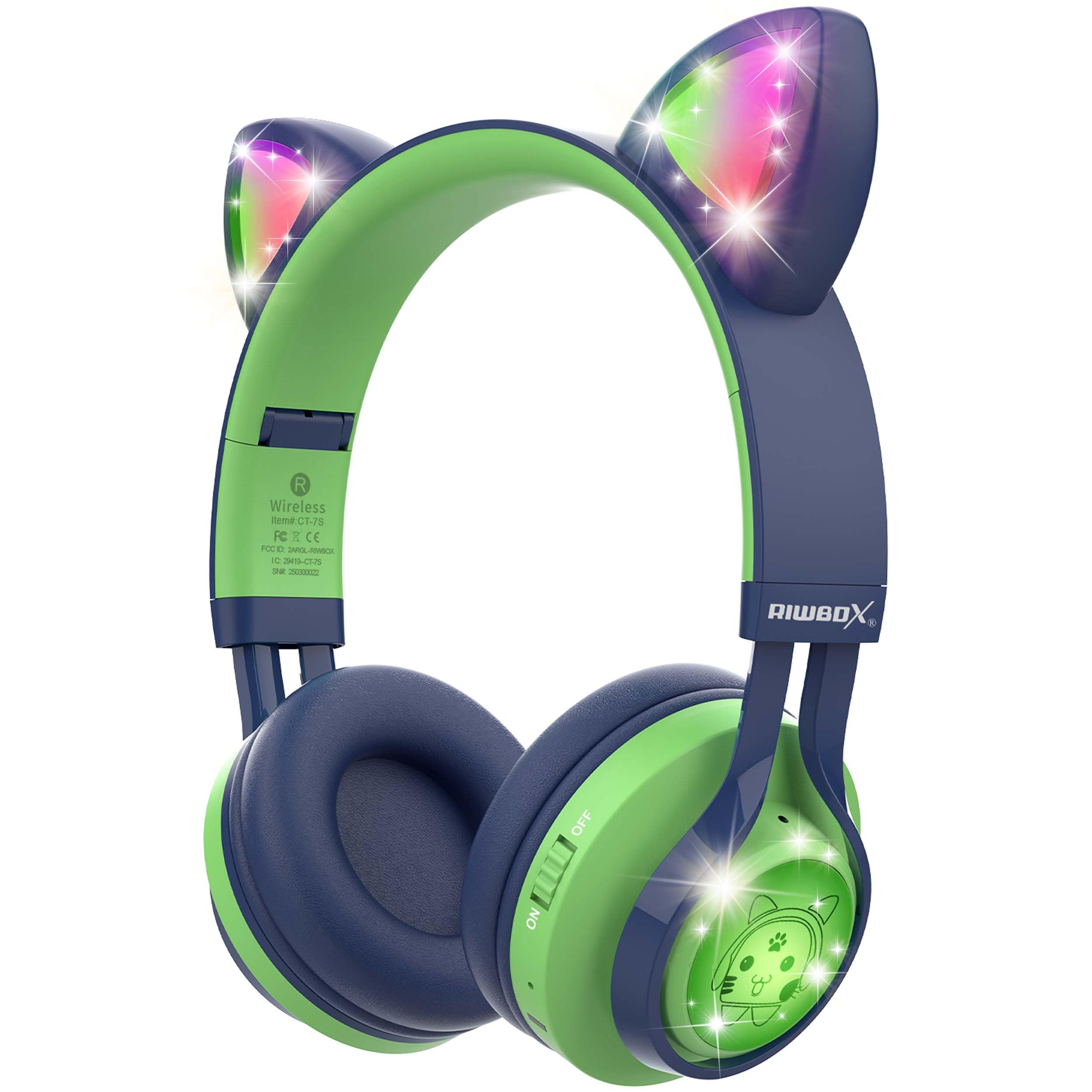 Riwbox CT-7S, cuffie Bluetooth per bambini, con orecchie di gatto, con luce LED, limitazione del volume di 85 dB, sovrauricolari con microfono per laptop/PC/TV (verde e blu navy)