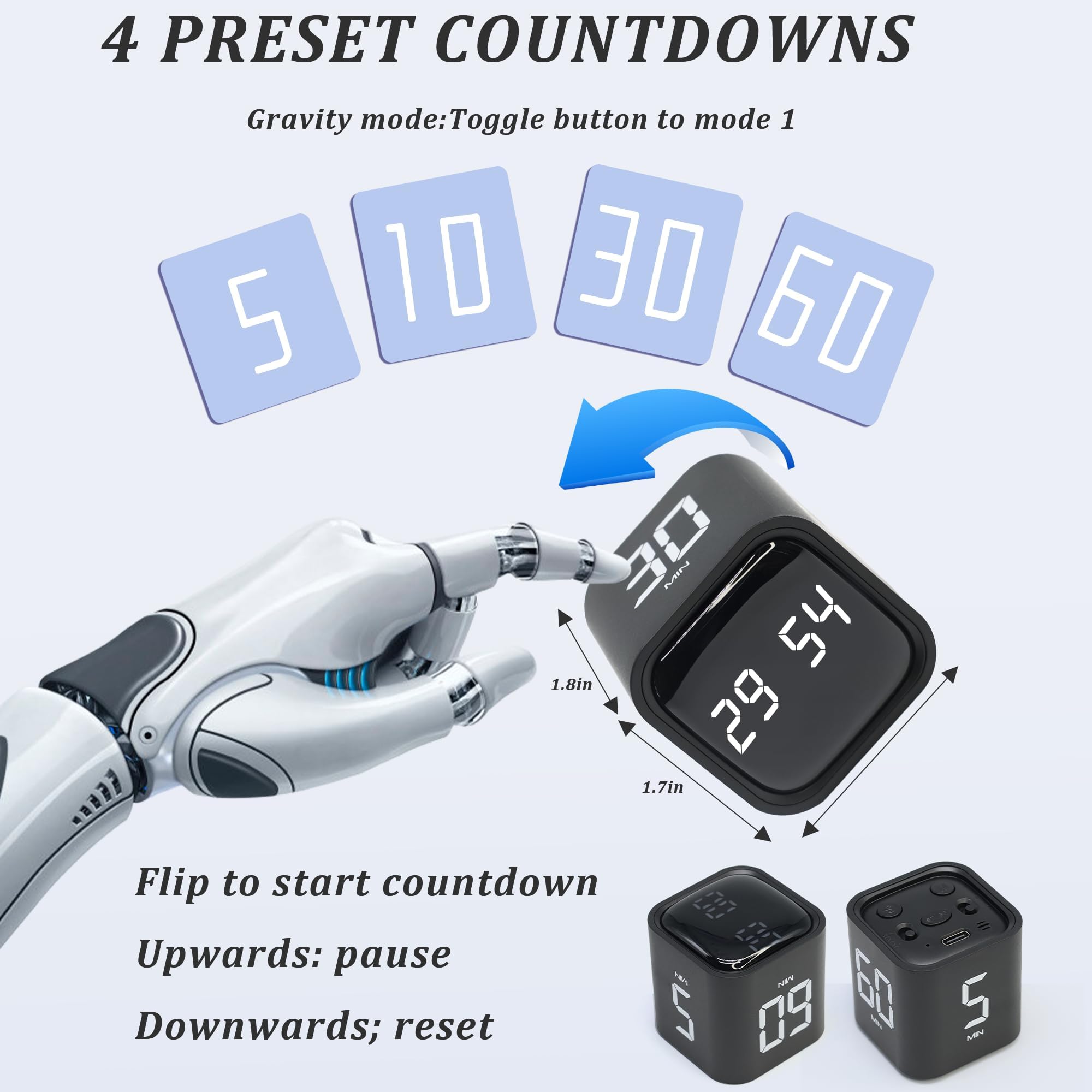 Productivity Timer Flip Gravity Sensor Cube Timer With Countdown & Countup & Stopwatch- Pomodoro Timer Cube,Adjustable Volume & Vibration Alert,Preset 5/10/30/60 Min - Image 2