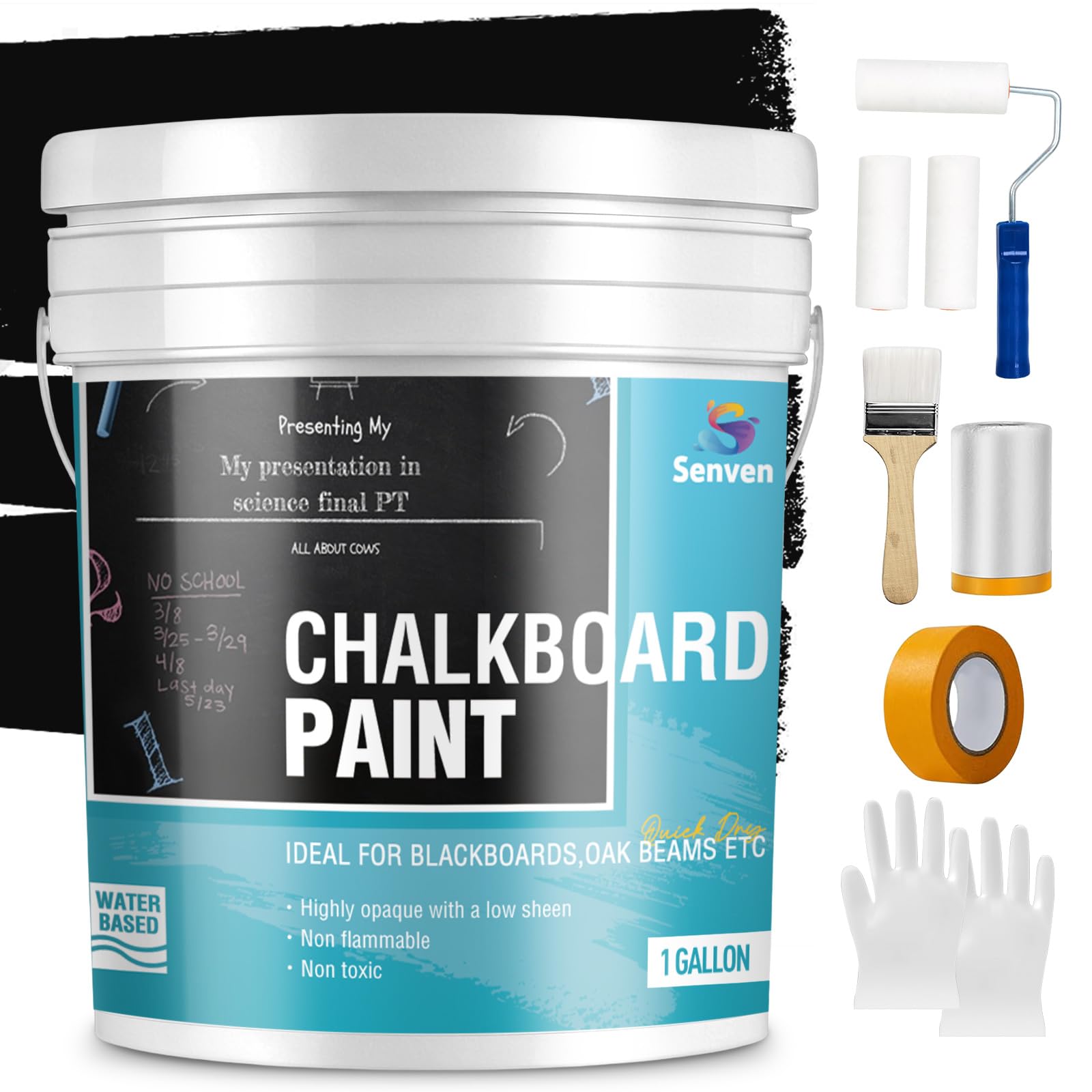 Chalkboard Paint 1 Gallon Black Chalk Board Paint for Wood, Metal, Glass, Wall, Plaster Boards Sign, Frame, Interior/Exterior, Built-in Primer & Top Coat, Black Matte, Acrylic 330 sf with Tools kits