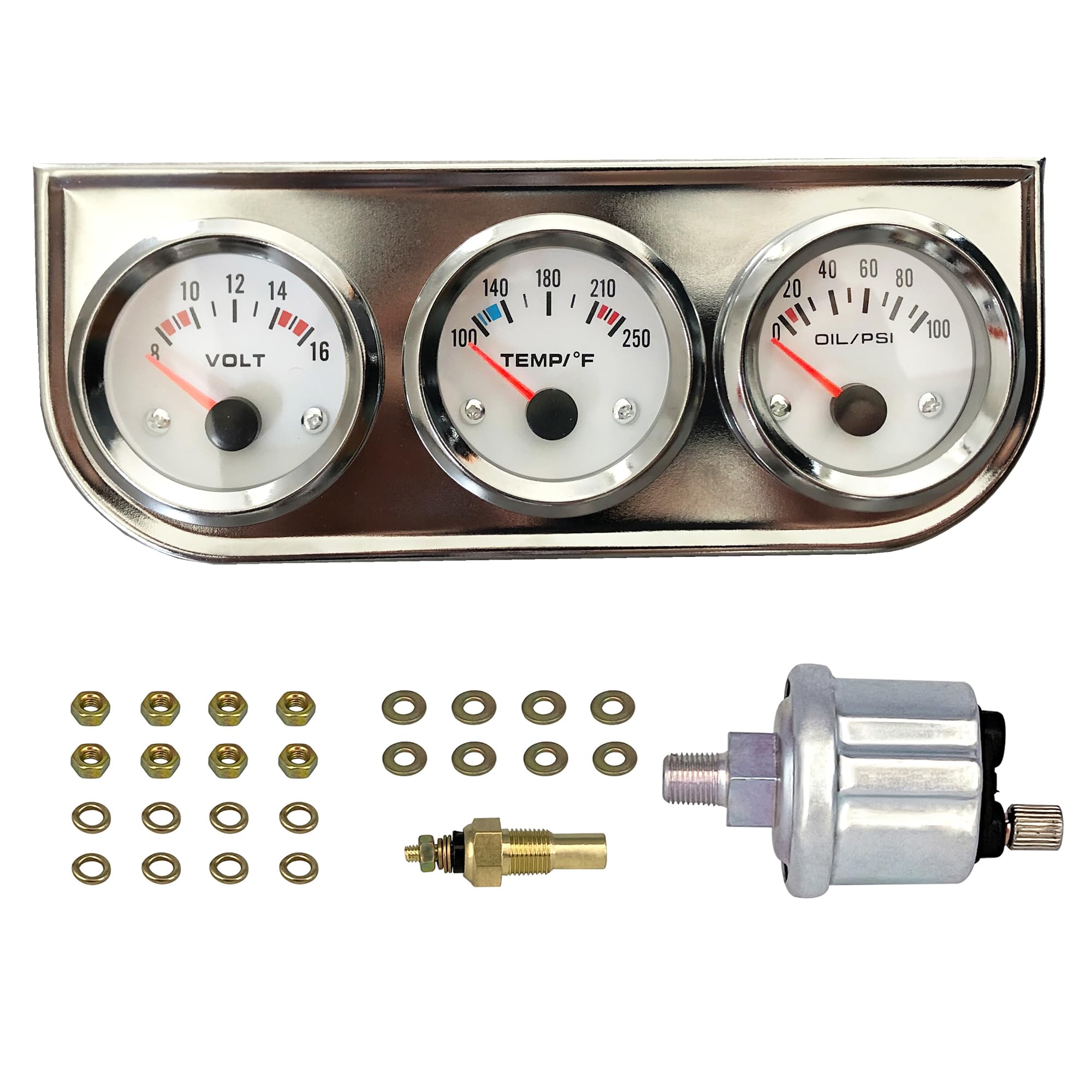 Chrome 3 in1 Triple Auto Gauge Meter Kit 52mm (8-16V Volt Meter +100-250℉ Water Temperature Gauge+ 0-100 psi Oil Pressure Meter) with Console for 12V Cars