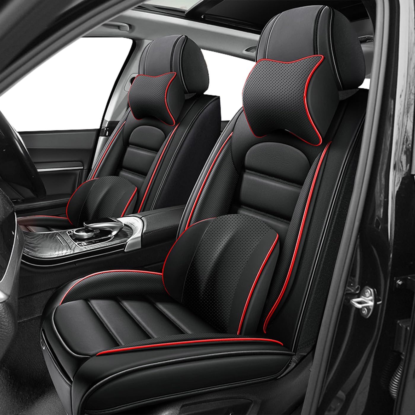 Car Seat Covers for X2,for BMW X2 2018-2025 2026,Waterproof Leather Seat Covers,Compatible Airbag,Front Set Comfort Car Seat Protectors for Most Cars(Pillows,Black&amp;Red)
