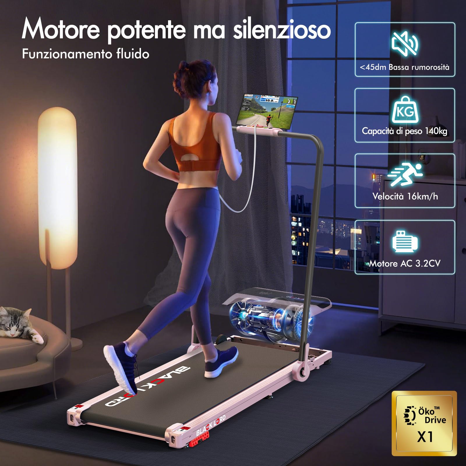 BLACK LORD Tapis roulant, 4-in-1 Walking pad 12/16 km/h, Tappetino da corsa con/senza inclinazione del 9%, Sotto la scrivania, Portatile, Silenzioso, Display LED, App, Capacità di carico 140 kg