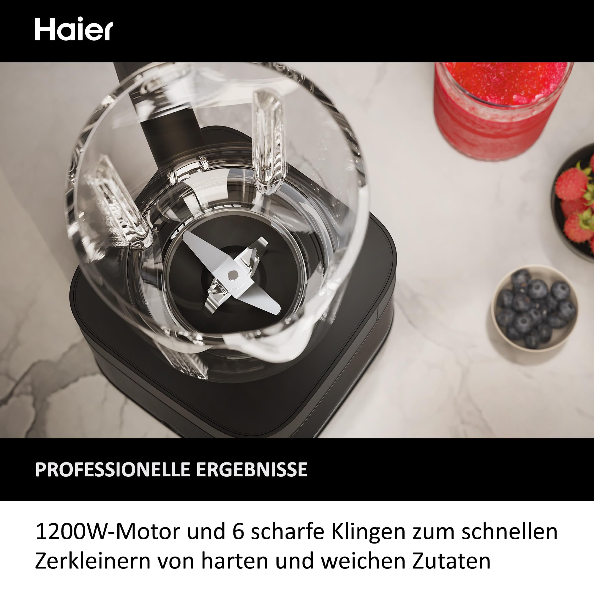Haier Mixer mit Ice-Crush-Funktion & Smoothie Maker, 1200W I Standmixer mit 1,7L Glasbehälter & 0,6l To-Go-Flasche I Selbstreinigungsfunktion, Spülmaschinenfest & 5 Geschwindigkeiten [Serie 5-HBL5B2]