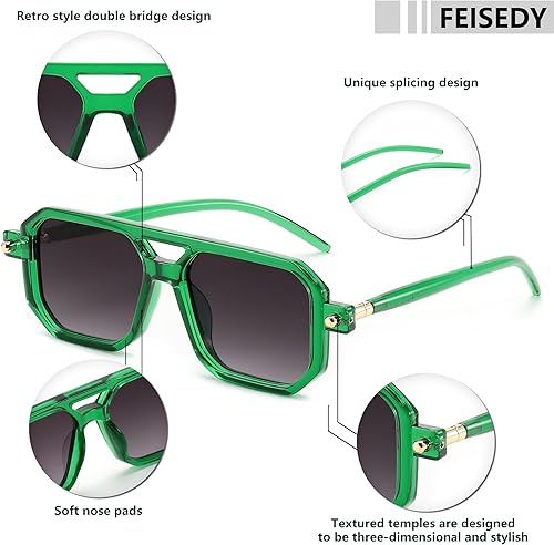 Miniatura 194 de Feisedy - B2622 - Lentes de sol estilo aviador, cuadrados, clásicos de los años 70, unisex, con montura clásica retro y elegante, UV400 Marco