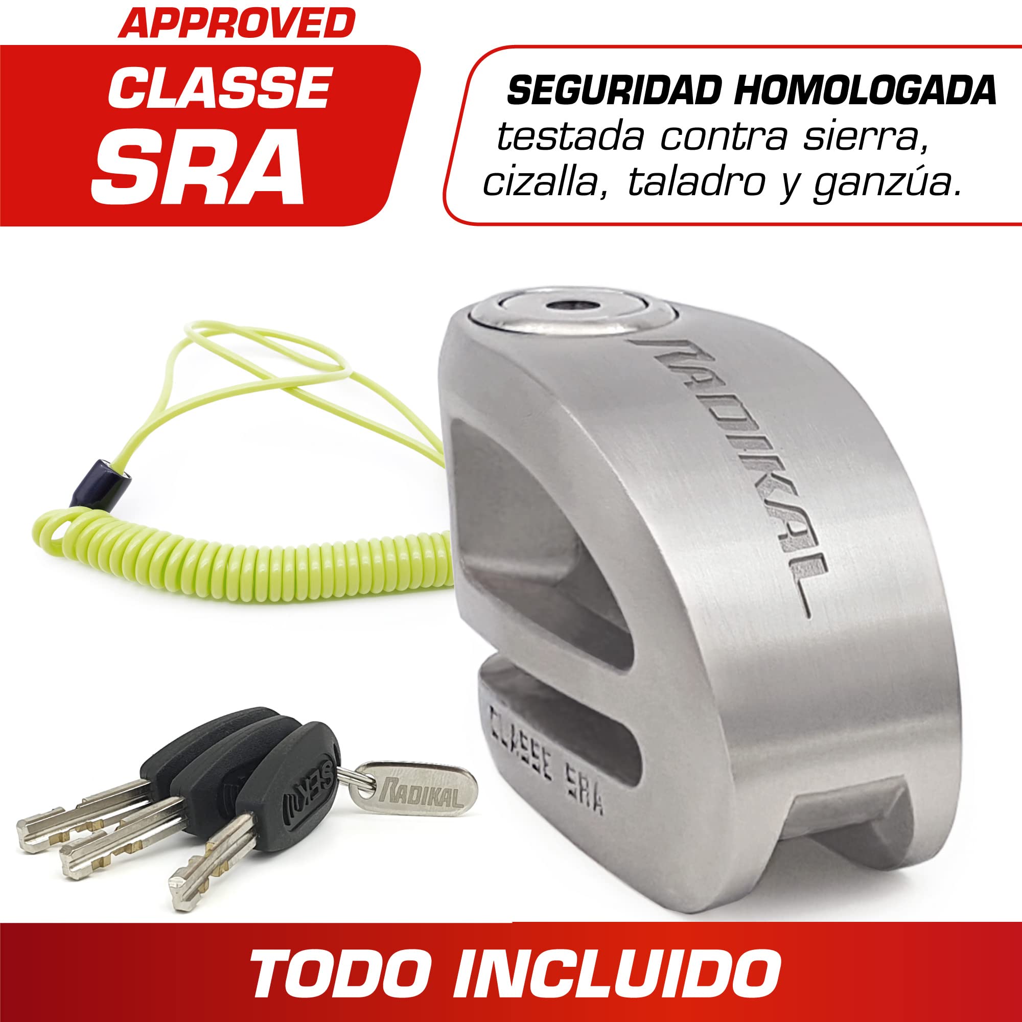 RADIKAL RK310S Candado Moto Premium, Antirrobo Disco Homologado SRA, Testado Doble Bloqueo ø10mm, Exclusivo Diseño Doble Puente, Cerradura Alta Seguridad, Acero Inoxidable, Cepo Pinza Motos y Scooter