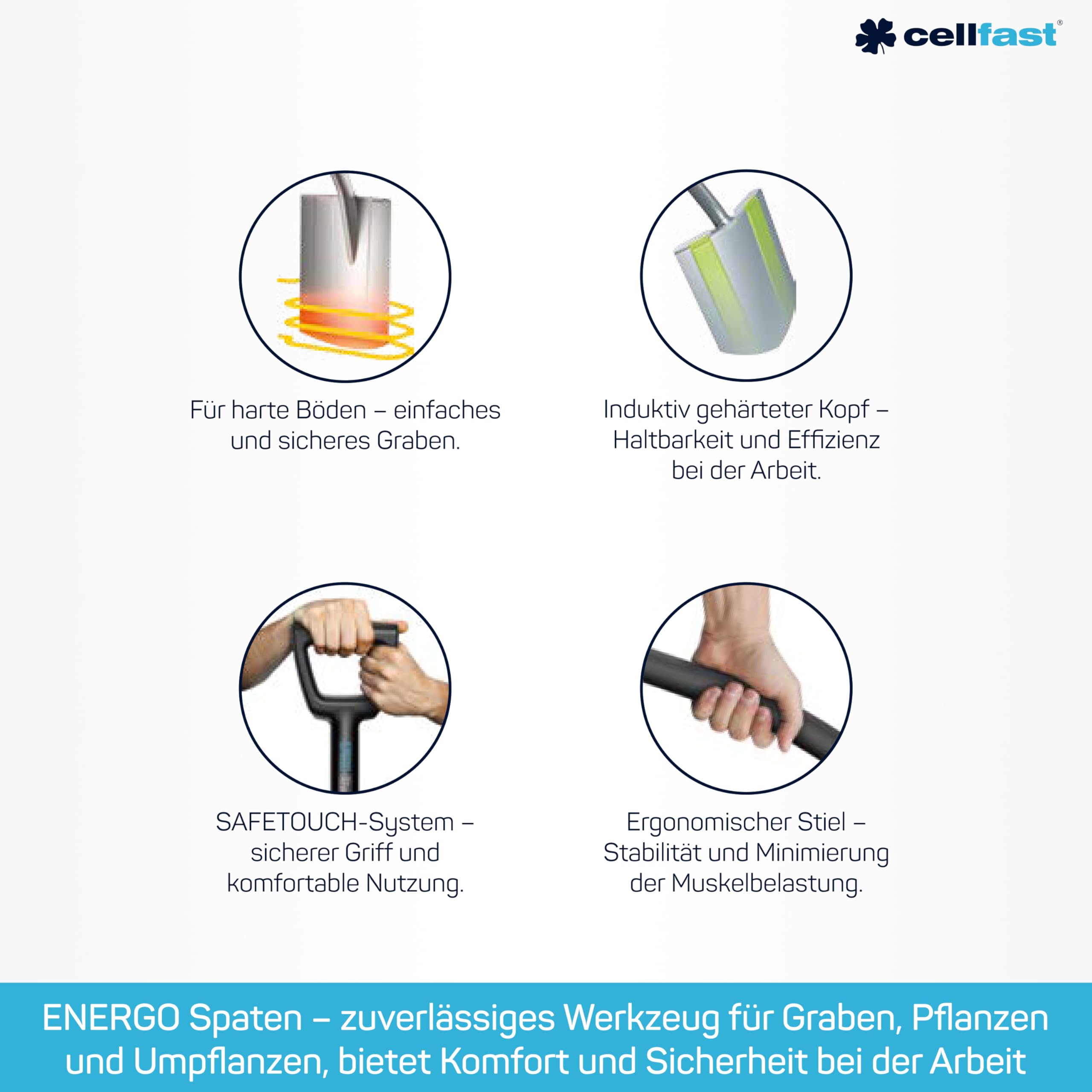 Cellfast Gärtnerspaten (rund) ENERGO™ [1230 mm] zur Arbeit im harten Boden, erlaubt einfaches und sicheres Ausgraben, Einpflanzen, Griffs bietet einen sicheren und bequemen Handgriff, 40-001