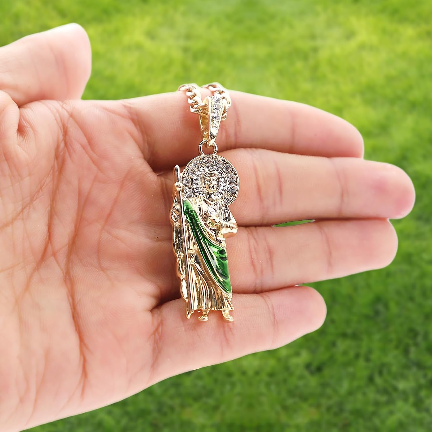 Gold Plated Green Saint Jude Pendant Necklace Figaro 24" San Judas Tadeo Medalla Cadena Oro Laminado