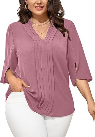 SCOMCHIC Womens Plus Size Blouses 3/4 Sleeve V Neck Pleated Shirts