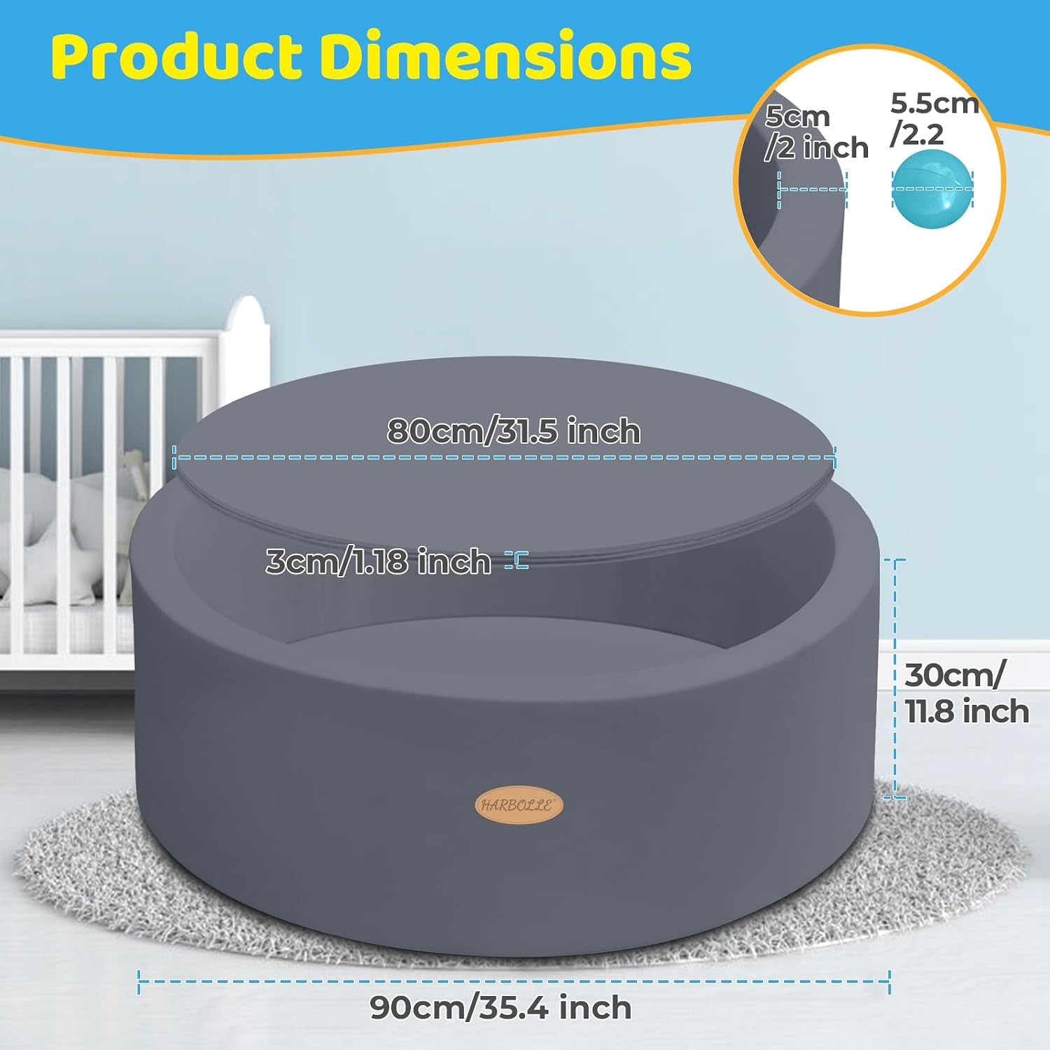 HARBOLLE 35.4" White Baby Ball Pit & Dark Gray Foam Ball Pit