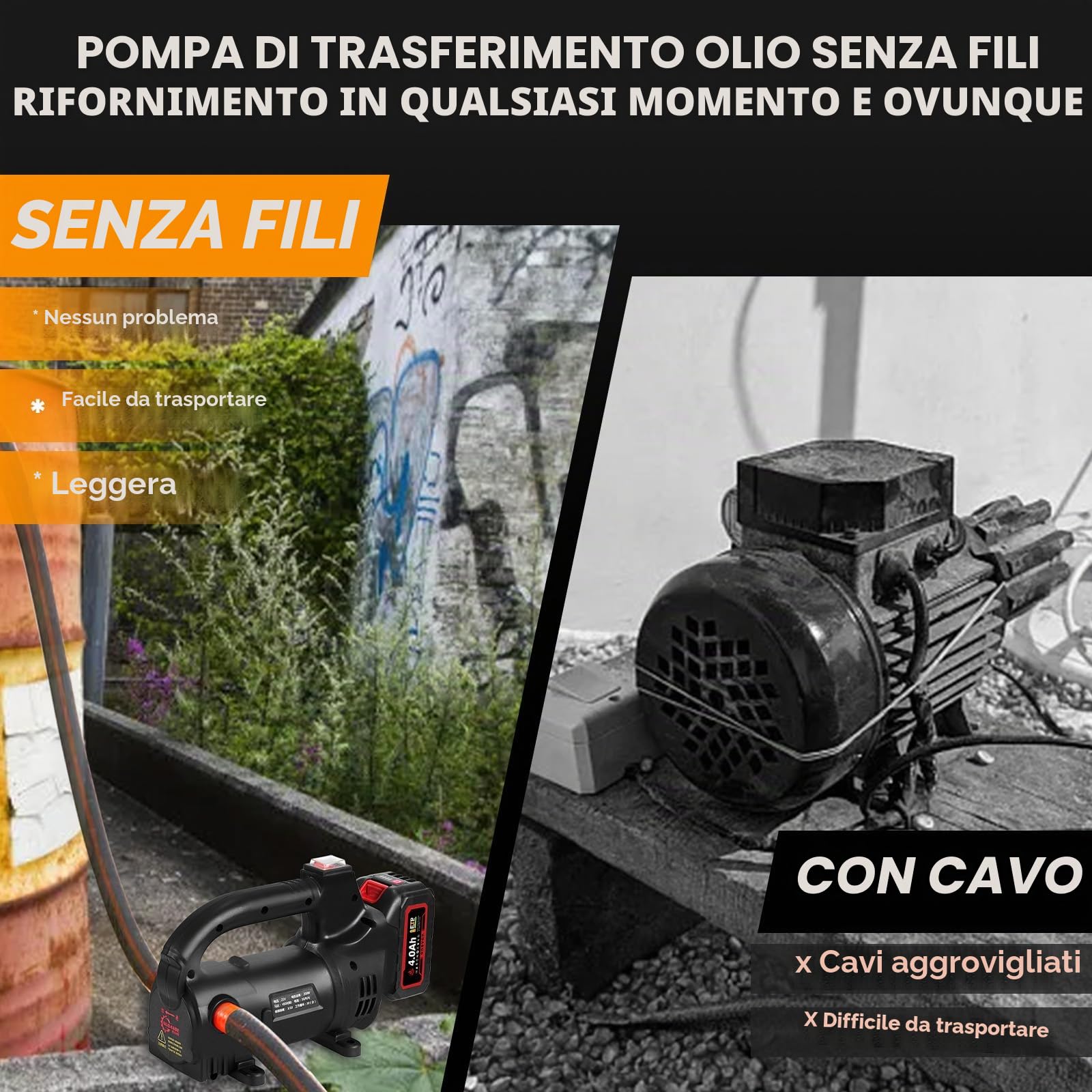 ONEVAN Pompa diesel a batteria con batteria da 4000 mAh e caricabatterie, 40 l/min, pompa ad olio elettrica portatile senza fili, universale per camion e barca