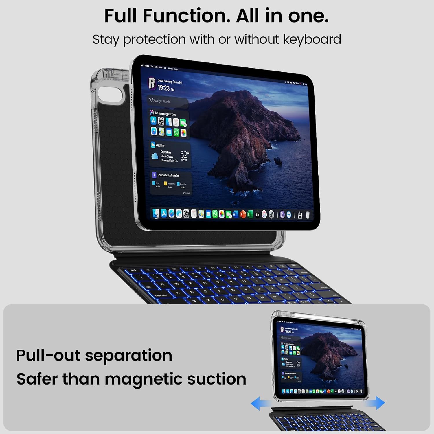 for iPad A16 11th/ 10th Generation Case with Keyboard, Rotatable & Detachable Keyboard Case for iPad 10th, Portrait/Landscape Stand, 7-Colors Backlight Keypad with Multi-Touch Trackpad, Black