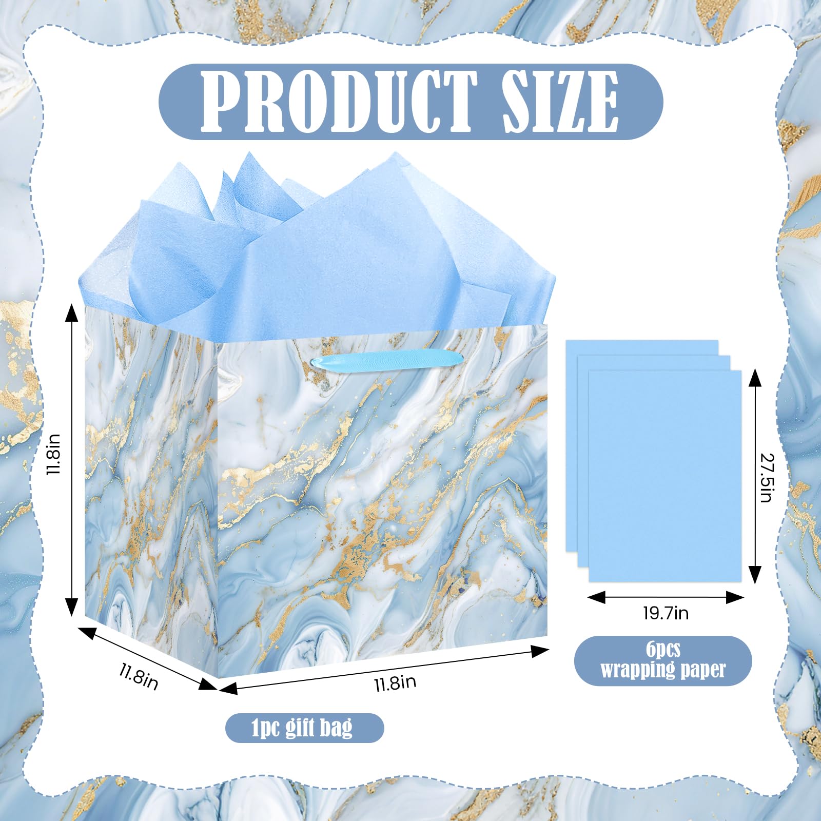 Woosytoo 12 Inch Extra Large Gift Bags - Blue Gold Marble Square Gift Bag with Handles Jumbo Wedding Gift Bags Giant Wrapping Paper Bag for Birthday Christmas Engagement Bridal Shower Party Favors