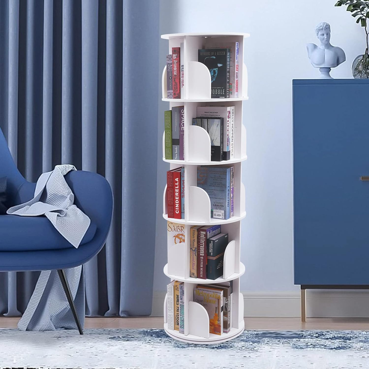 360°Rotating Bookcase, PVC Desktop Rotating Bookshelf Book Storage Shelf Display Rack Floor Standing Bookcase 360°Revolving Bookcase for Bedroom, Living Room (5 Tiers White)