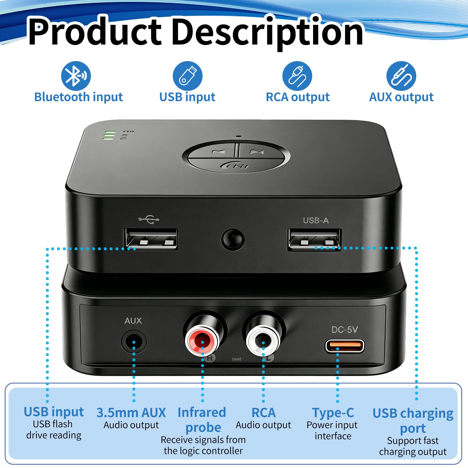 Receptor Bluetooth 6.0 HiFi, Adaptador Audio USB-C Bluetooth Inalámbrico con Jack 3.5 mm y 2RCA para Tablet Smartphone Coche Altavoz Stereo, Conexión Estable y Baja Latencia
