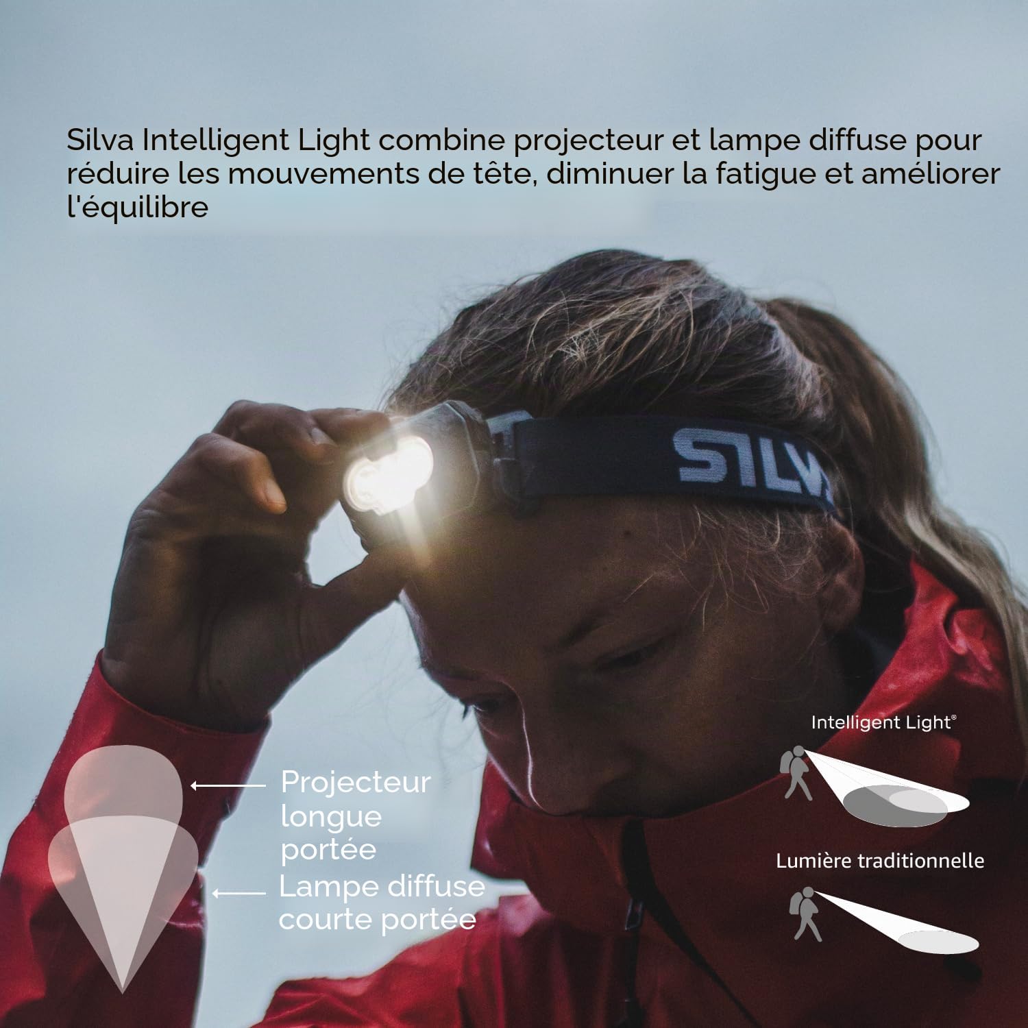 Lampe frontale Silva rechargeable - Découvrez - Lampe frontale de 500 lumens - Fonctionne avec 3 piles AAA (non incluses) - 3 niveaux de luminosité - LED blanches, rouges et orange - Indicateur de