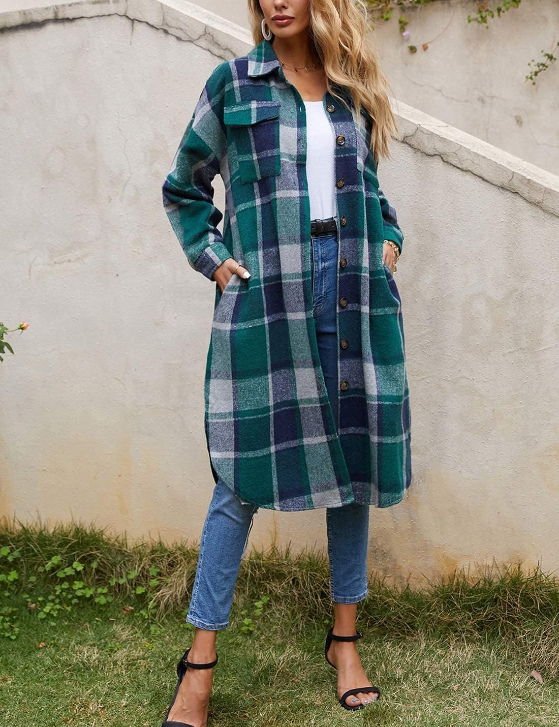 Omoone Women's Flannel Plaid Shacket Fall Oversized Long Button Down Shirt Jacket Shackets - Image 2