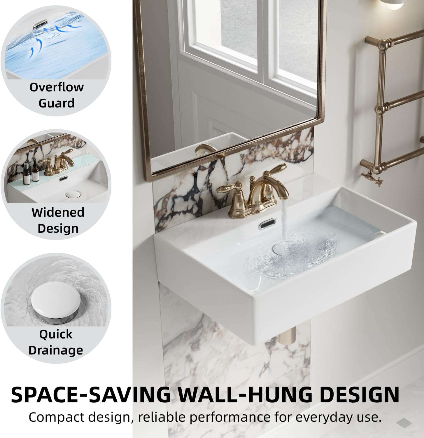 20"W x 14"D Floating Bathroom Sink with 3-Hole at 4" Centers, Los Flexi 20 Inch Wall Mount Sink Rectangular with Overflow, Mordern White Ceramic Bathroom Vessel Sinks