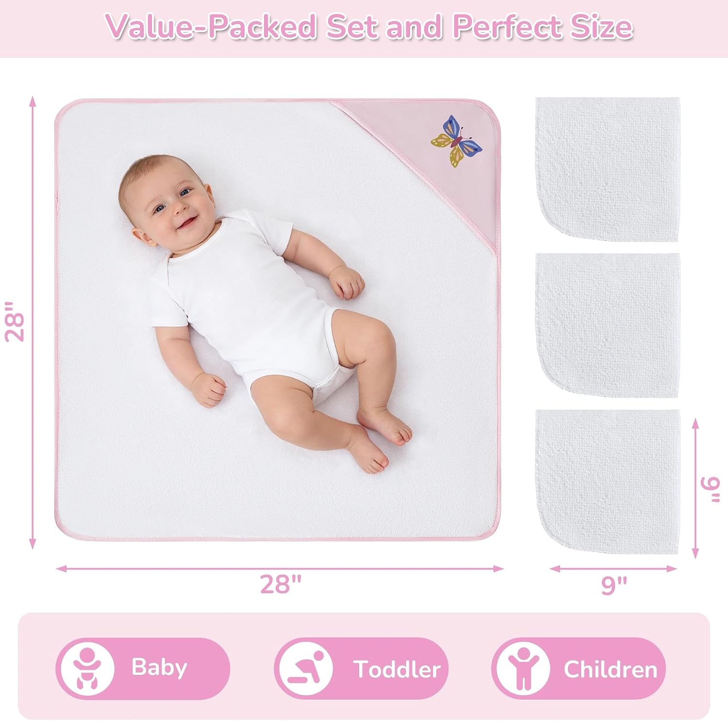 Viviland 6 Pcs Hooded Baby Towels and Washcloths Set, Super Gentle Bath Towels for Newborn Face & Body, Absorbent Wash Cloth for Infants Girls, Flower Butterfly Pattern, 28 x 28 inch