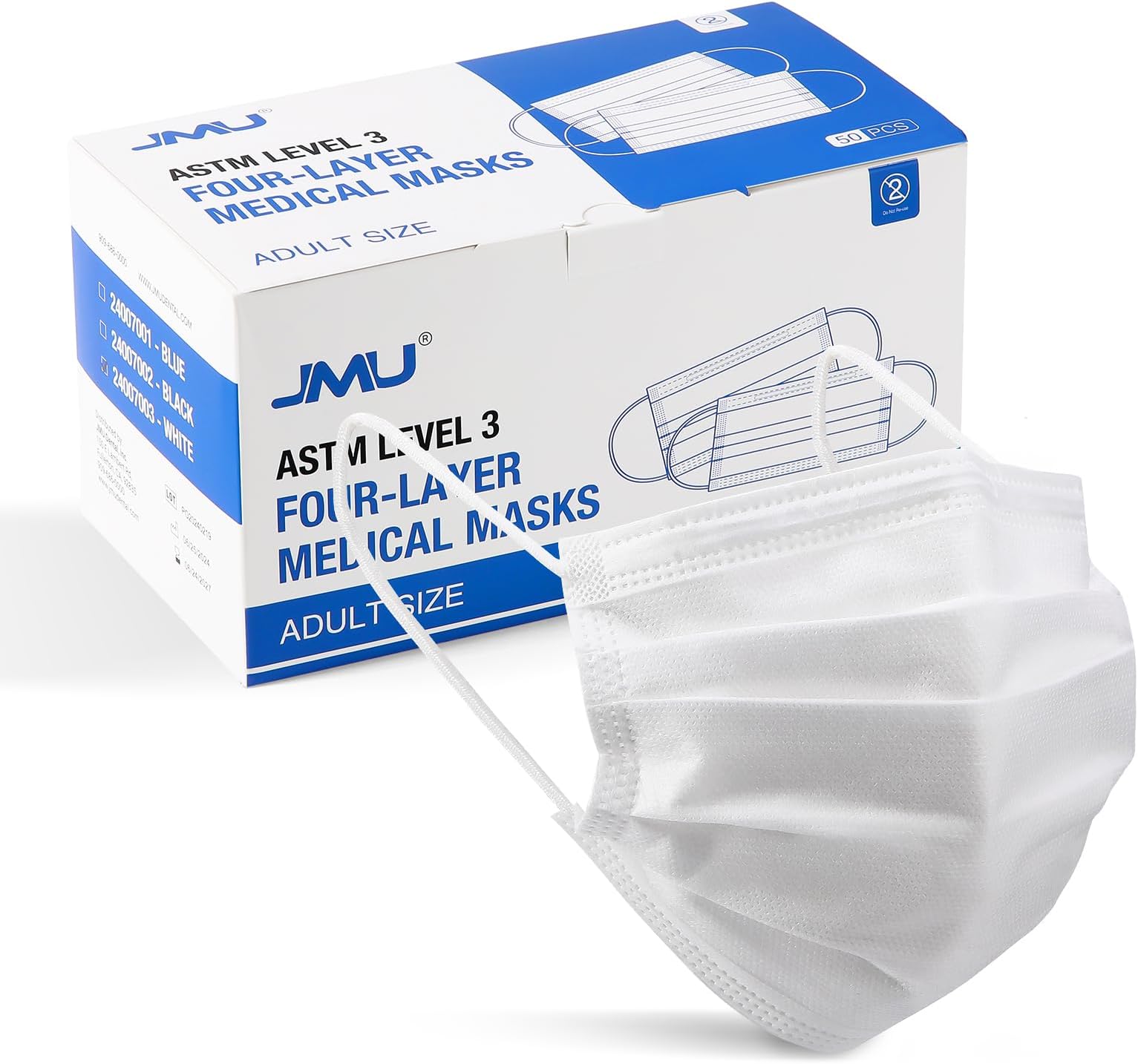 JMU Disposable Face Masks 50 Pack, 4-Ply ASTM Level 3 Medical Mask for Adults, White