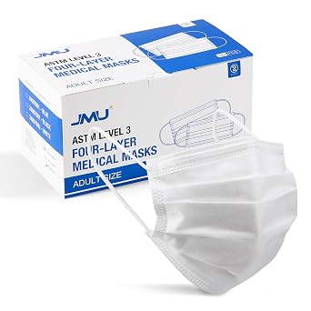 JMU 50 Pack Disposable Face Masks for Adults, 4-Ply, ASTM Level 3, White | Medical Grade Masks, 98% Filtration, Breathable & Comfortable