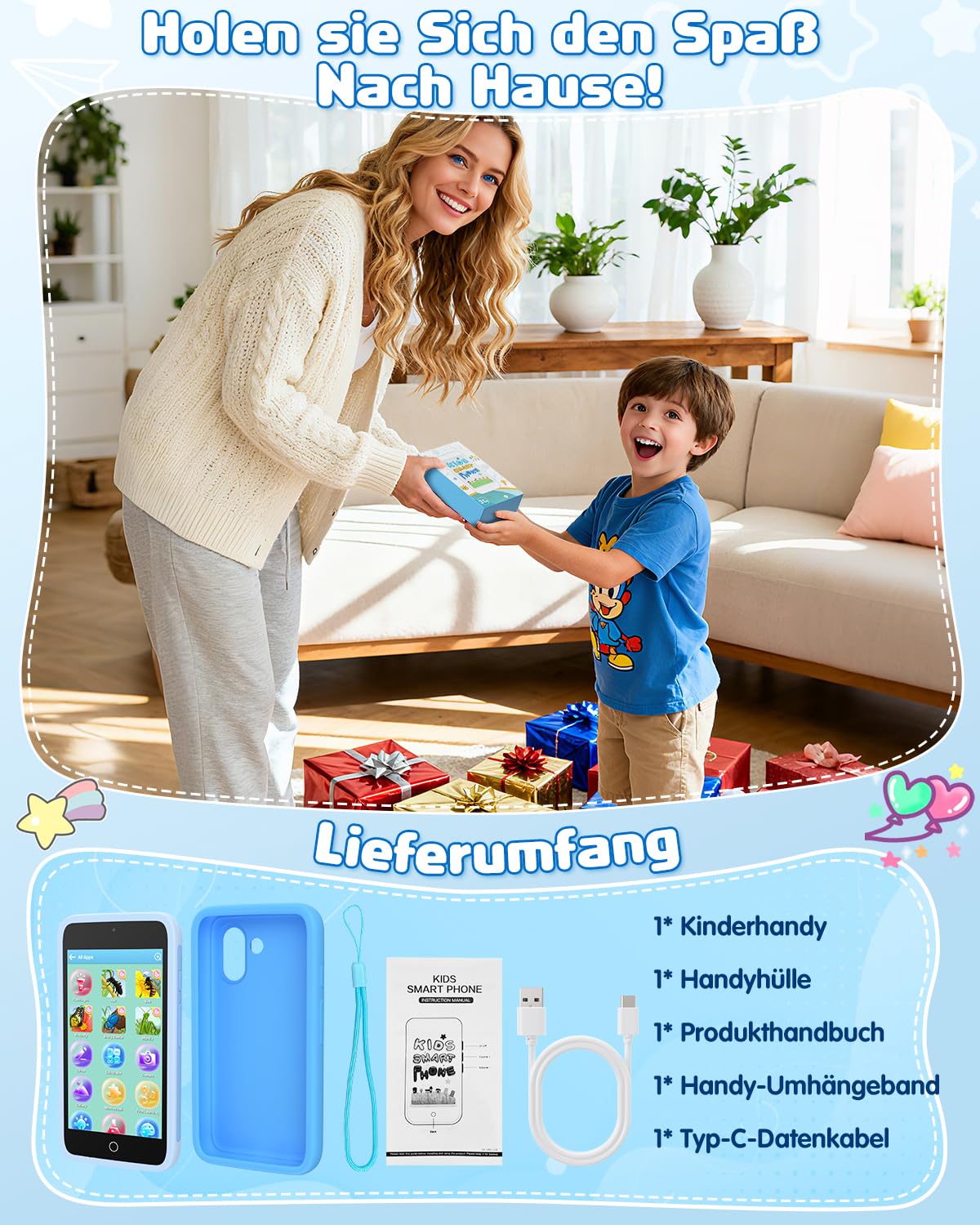 orantronx Kinder Handy Smartphone Spielzeug, 3.97" Kinderkamera Handy für Mädchen Jungen Geschenke ab 3 4 5 6 7 8-12 Jahre, Kinderhandy mit 200+ Lernspiele, Dualkamera, Kindersicherungs, MP3 Player